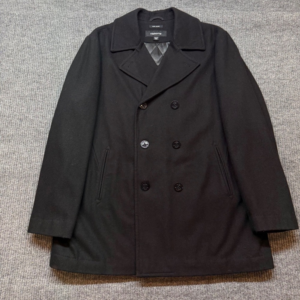 Claiborne Pea Coat Mens 2XL Black Wool Blend Double Breasted Quilted Lined